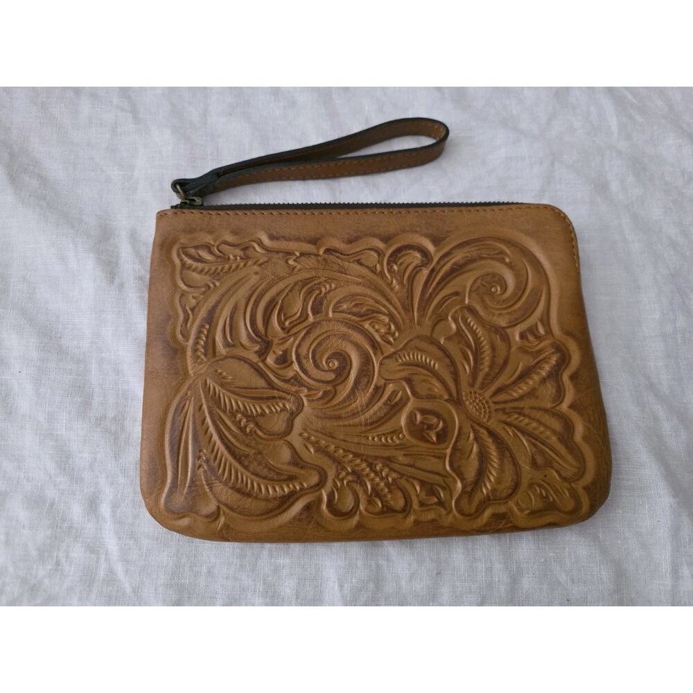 Patricia Nash Brown Embossed Floral Wristlet Bag Cassini Leather